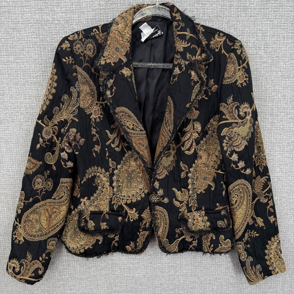 Vintage‎ Joseph Ribkoff Paisley Blazer Women Size 12 XL Frayed Trim Maximalist